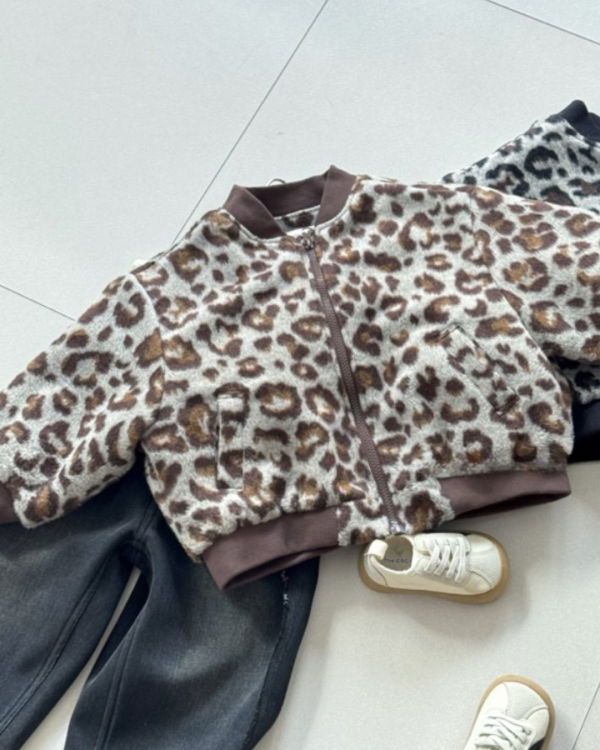 磨毛咖色豹紋鋪棉拉鍊外套 