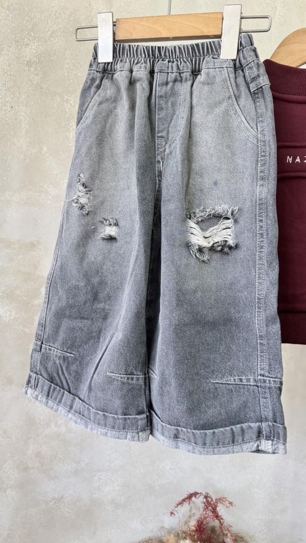 個性刷破薄款反摺牛仔長褲 