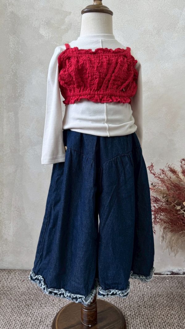 日系花邊原色牛仔長褲 