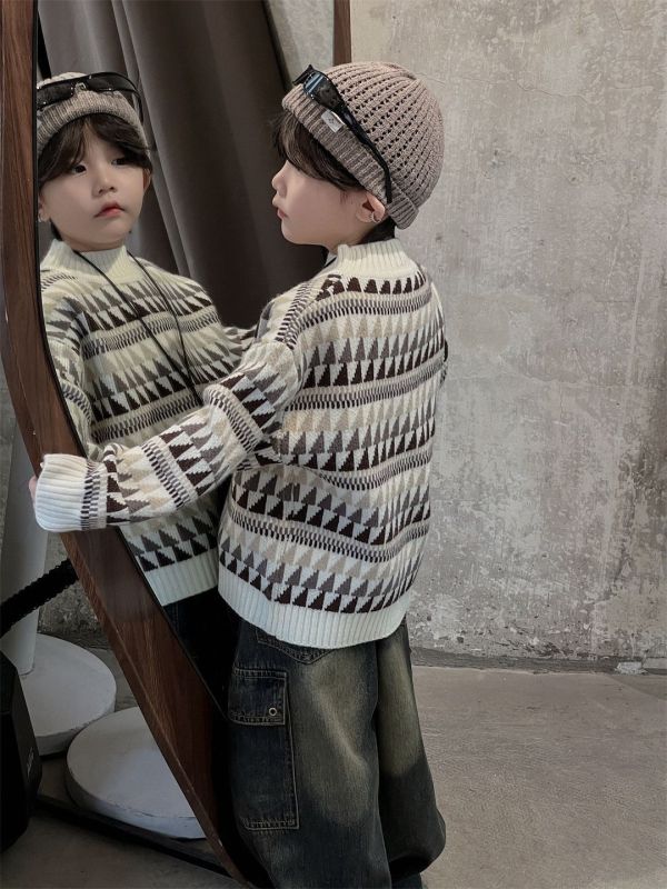 絕不撞衫日系半高領復古圖騰加厚針織上衣 