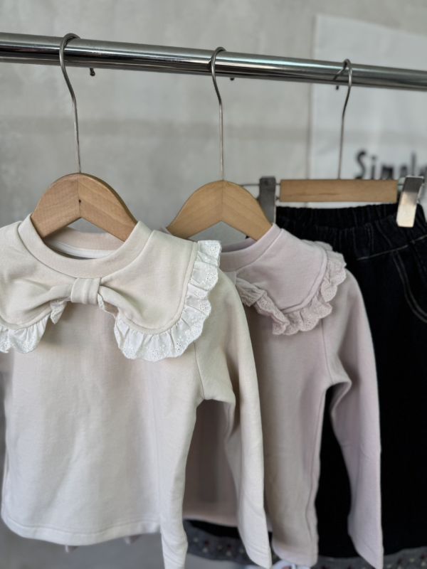 蝴蝶結花邊翻領磨毛上衣 