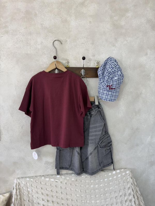 海灘舊照片印花暗紅短T 