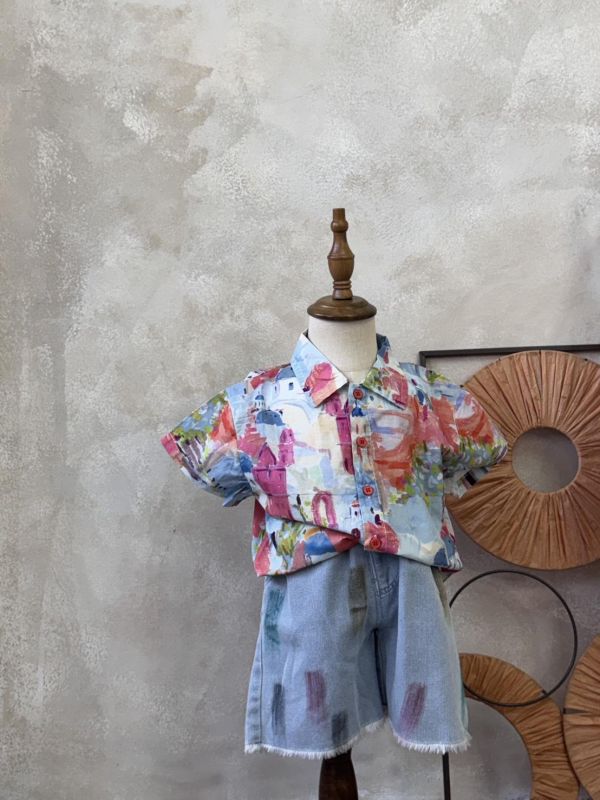 水彩塗鴉抽鬚軟軟牛仔短褲 