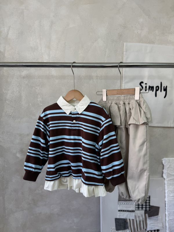 咖藍條紋荷葉邊立領加絨上衣 