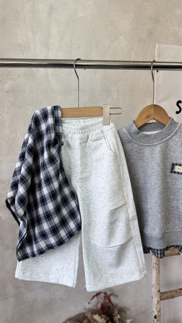 兩件套！格紋可拆屁簾花灰休閒薄款棉褲 