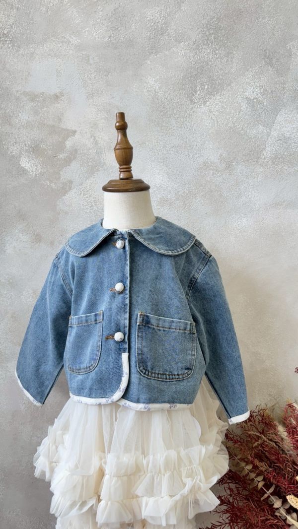 翻領碎花布滾邊牛仔外套 