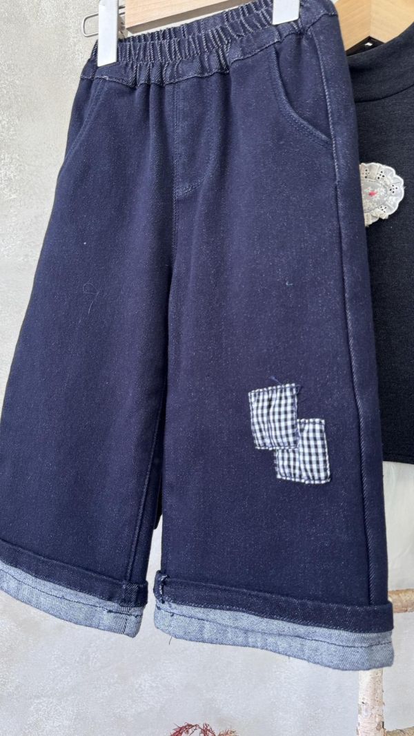拼布反摺牛仔薄絨長褲 