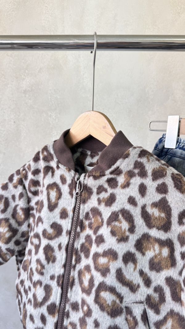磨毛咖色豹紋鋪棉拉鍊外套 