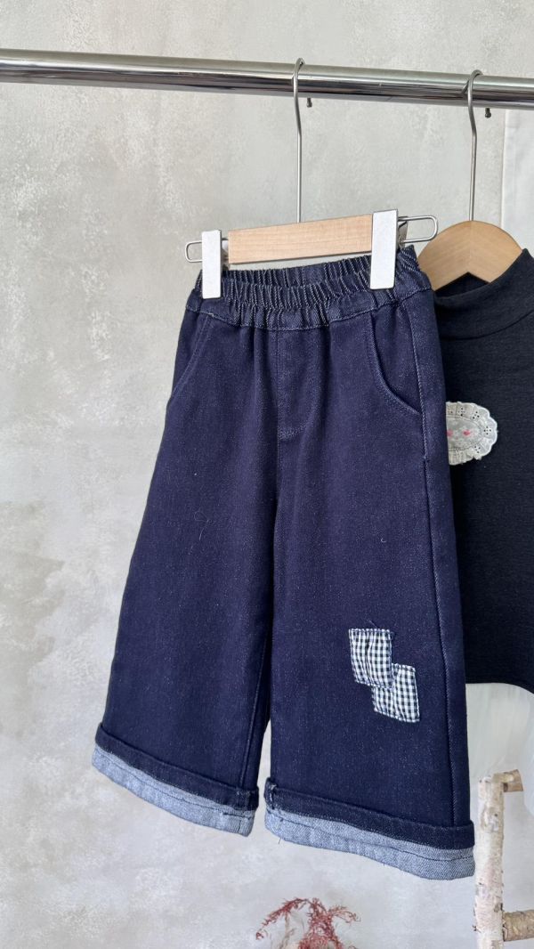 拼布反摺牛仔薄絨長褲 