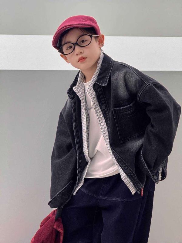 字母刺繡個性刷白加絨牛仔襯衫/外套 