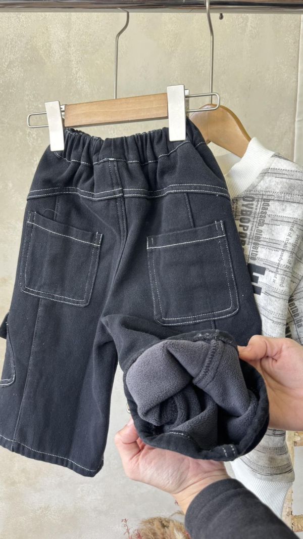 設計感多口袋工裝牛仔加絨長褲 