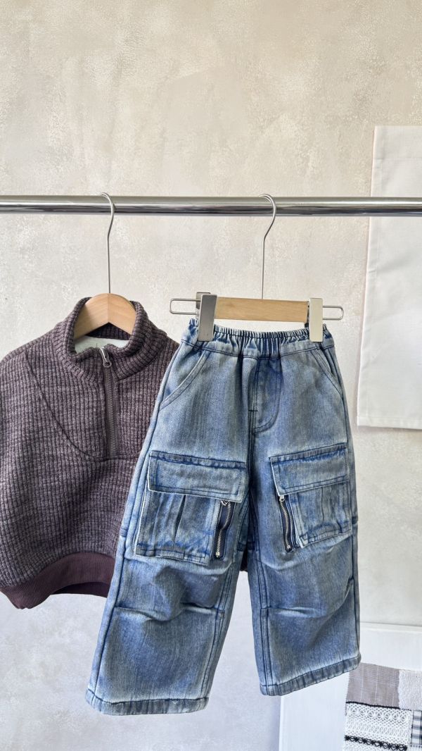 超帥！廢土風刷色重工工裝加絨牛仔長褲 