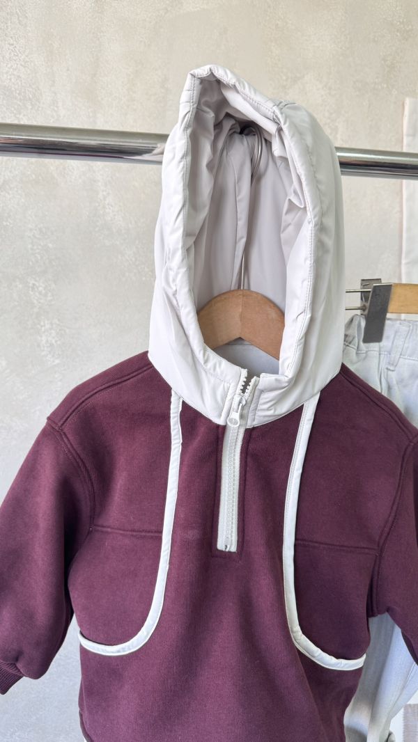 異材質連帽滾邊設計半拉鍊加絨上衣 