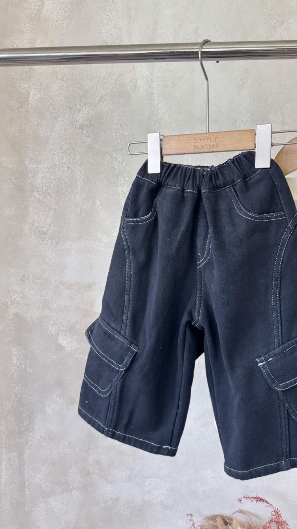 設計感多口袋工裝牛仔加絨長褲 