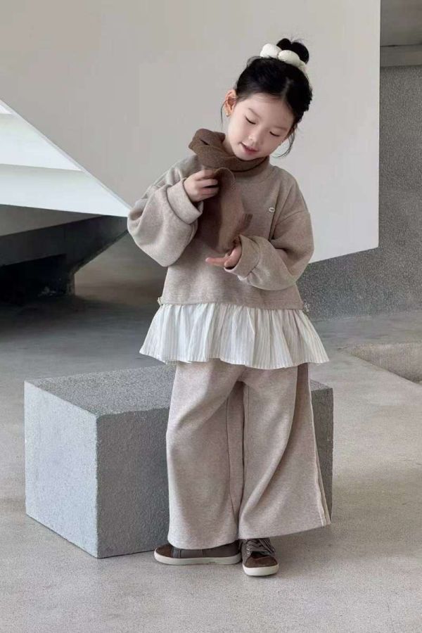 磨毛拼接條紋荷葉邊側面不收邊長褲舒適套裝(版型偏大) 