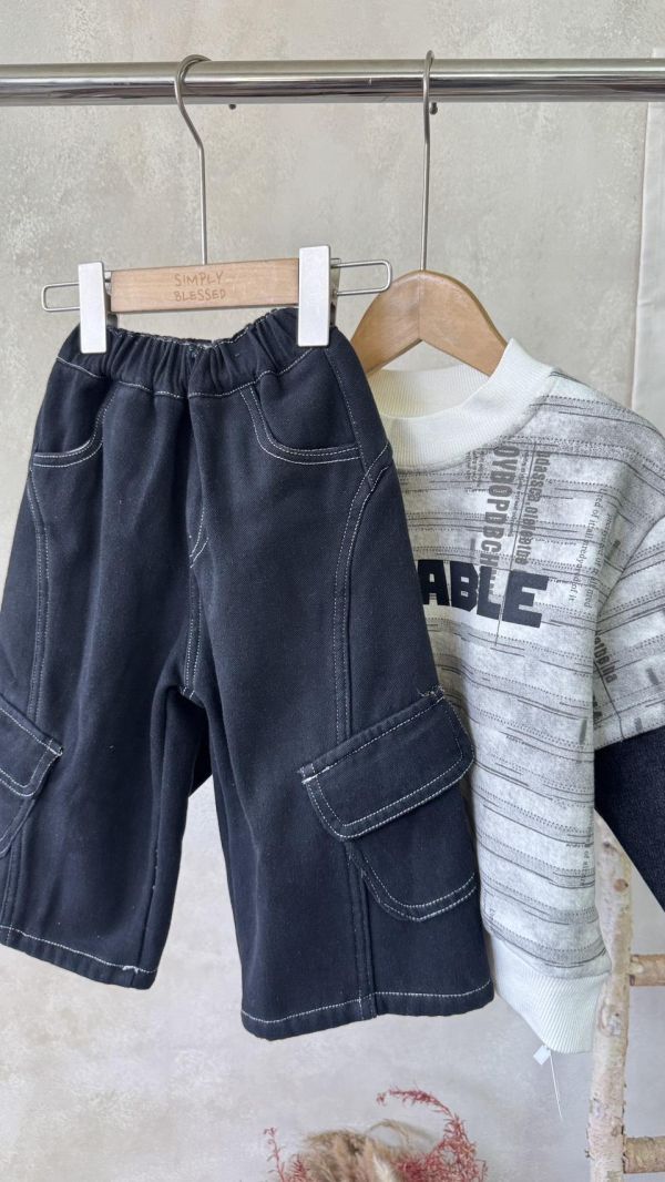 設計感多口袋工裝牛仔加絨長褲 