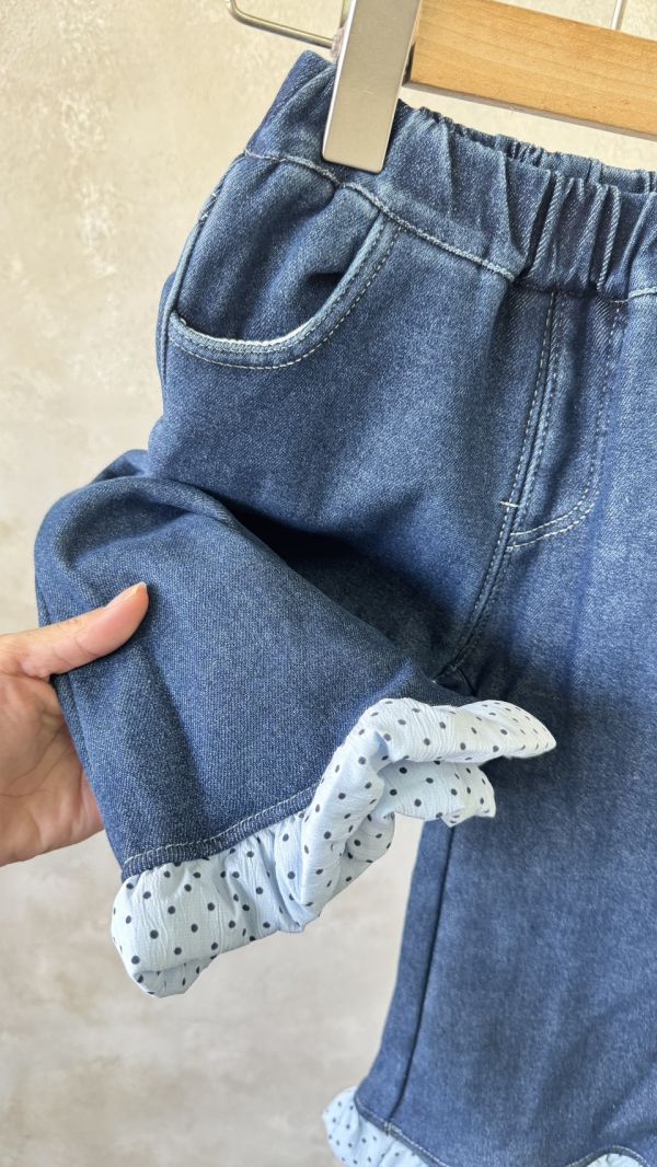 超Q！點點荷葉邊加絨牛仔長褲 