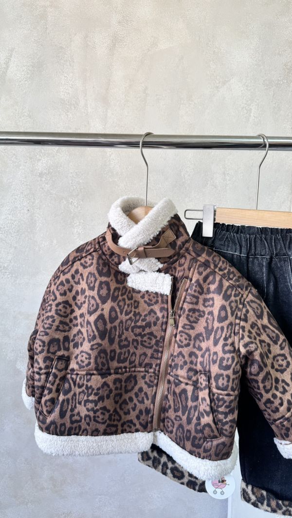 時髦豹紋斜拉鍊毛毛口袋外套 