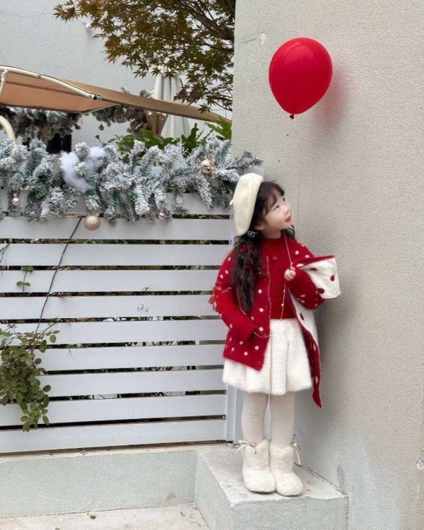 紅白點點針織上衣/外套(含同款圍巾) 