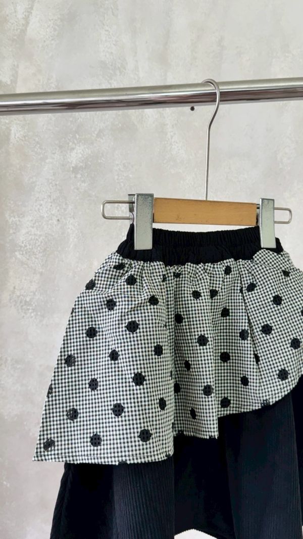 設計感！日系波點格紋拼接燈芯絨半身裙 