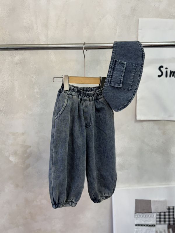 口袋屁簾綁帶加絨軟牛仔燈籠褲 