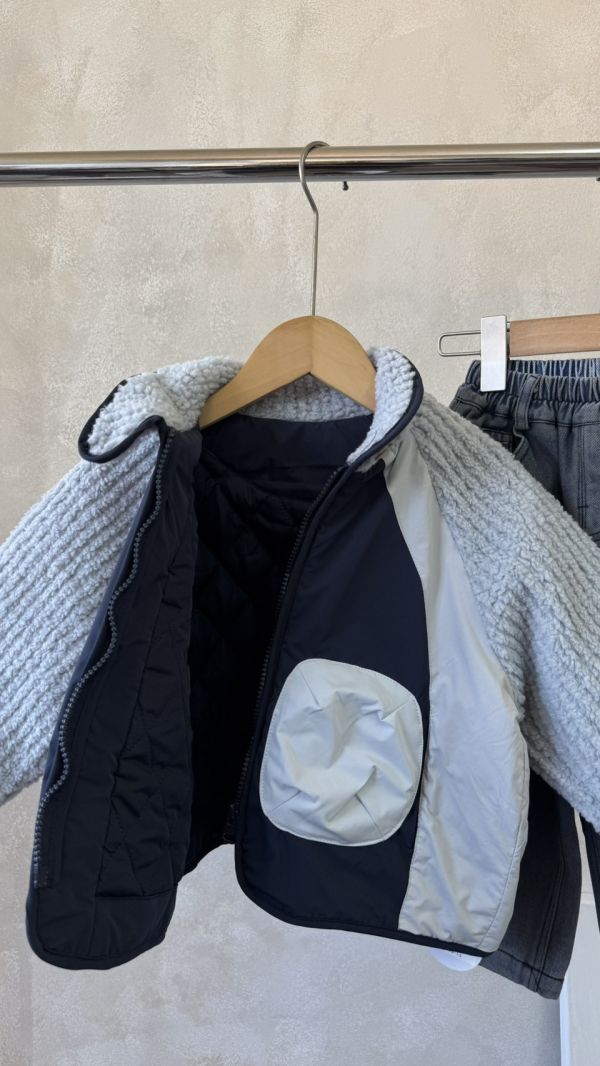 日系撞色毛毛夾棉拉鍊外套 