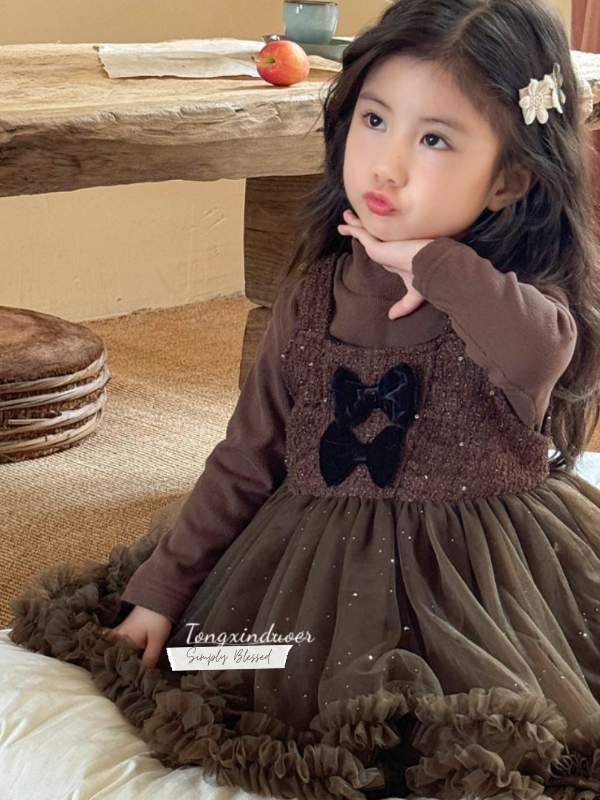 真兩件亮片蝴蝶結拼紗兩連身裙打底咖色上衣套裝 