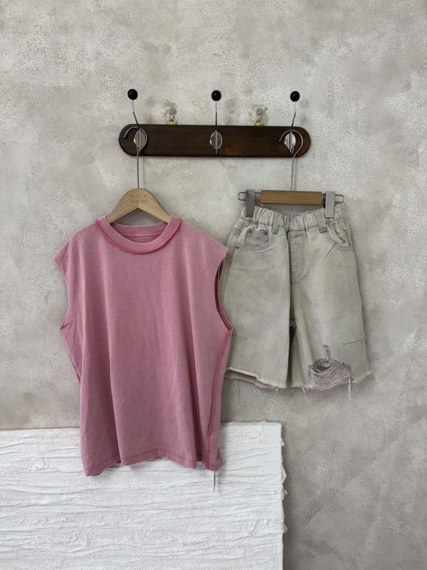 帥氣粉水洗作舊外縫線不收邊背心 