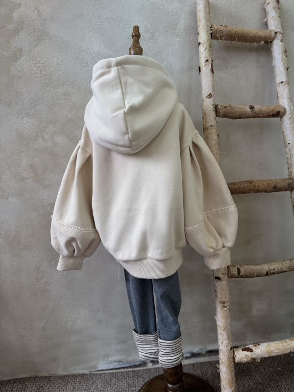 可愛熊熊泡泡袖蕾絲帶厚磅連帽上衣 