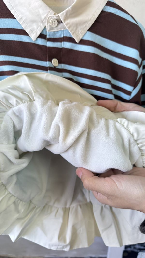 咖藍條紋荷葉邊立領加絨上衣 