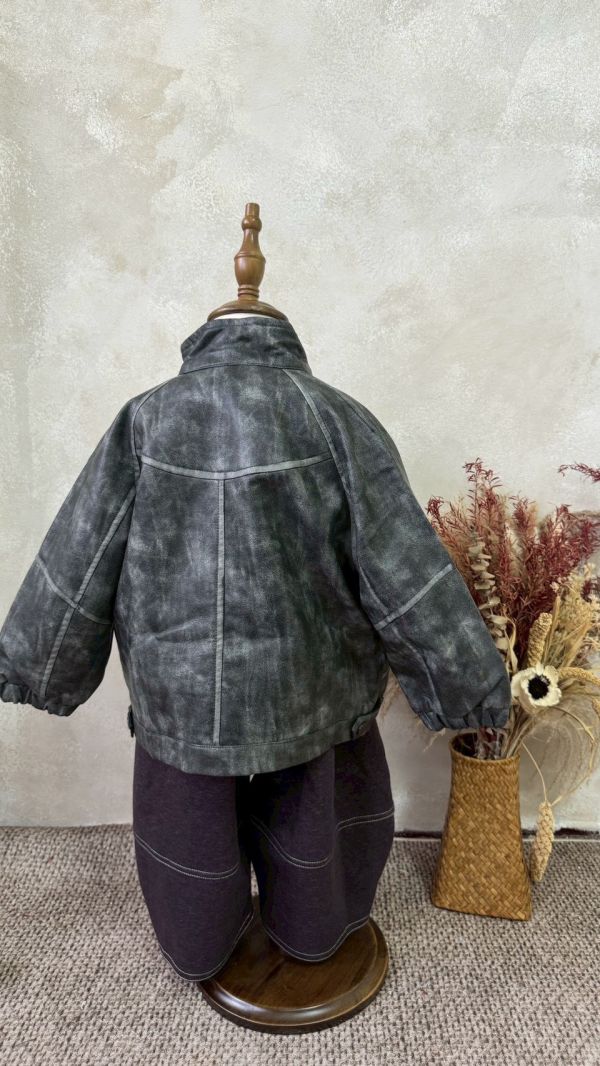 皮質超好！藝術刷色滾邊皮外套 