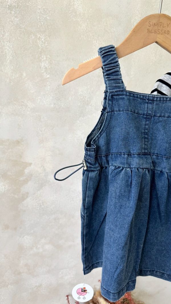 兩件套！日系牛仔吊帶連身裙條紋上衣套裝(版偏小可帶大) 