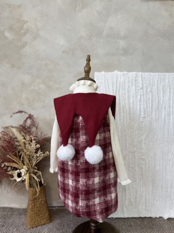 兩件套！愛心釦格紋毛呢翻領連身裙條內搭上衣套裝 