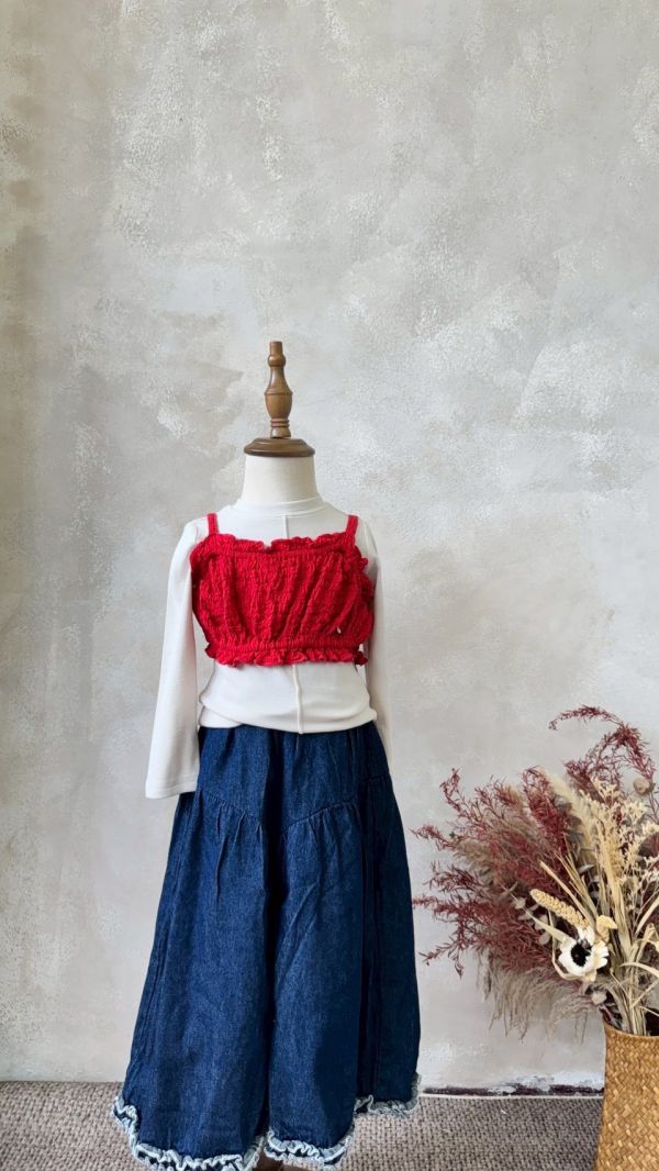 日系花邊原色牛仔長褲 