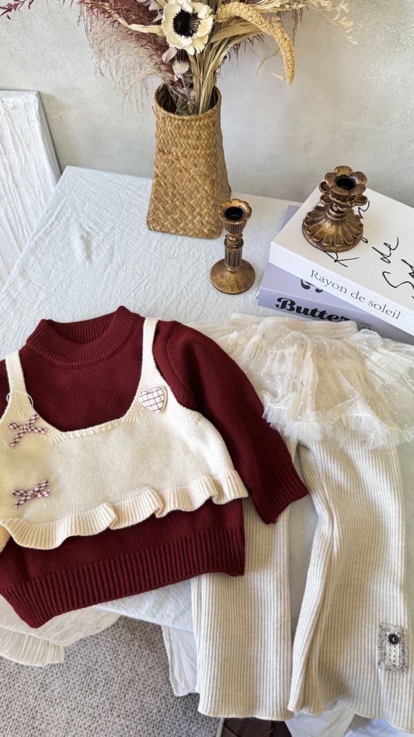 紅紅假兩件愛心蝴蝶結針織上衣 