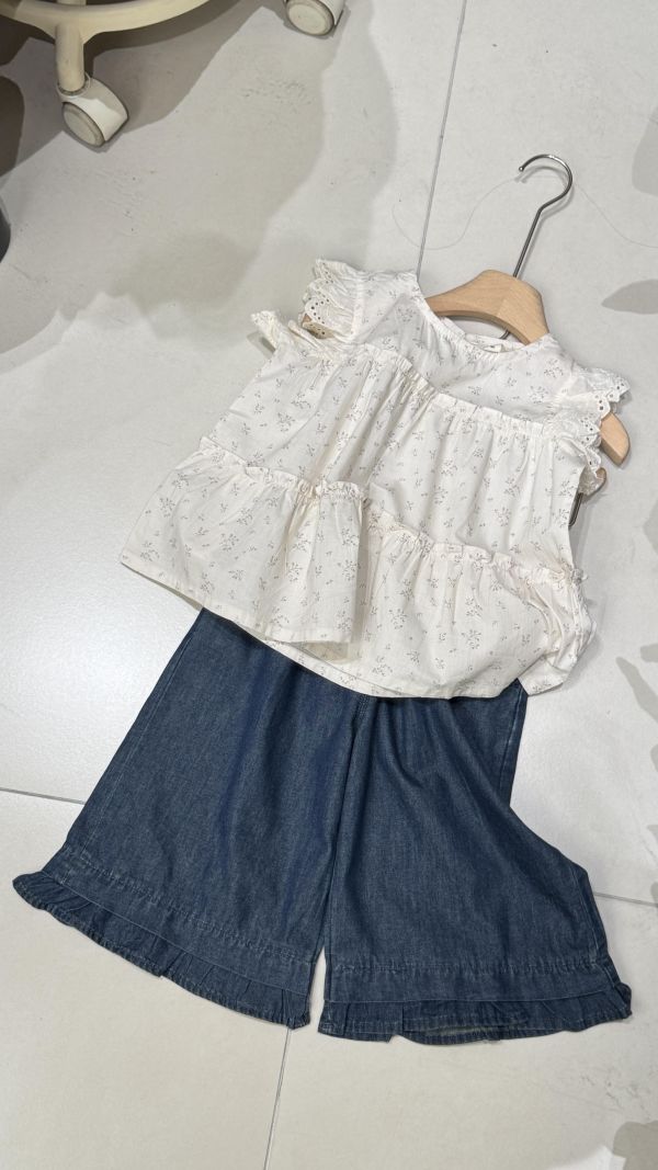 碎花花邊飛袖上衣 