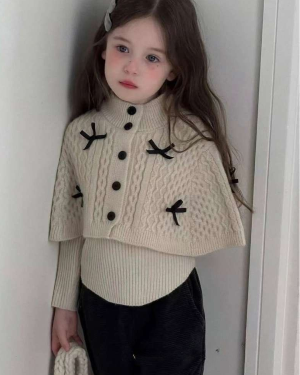 兩件套！蝴蝶結麻花披肩坑條針織上衣套裝 