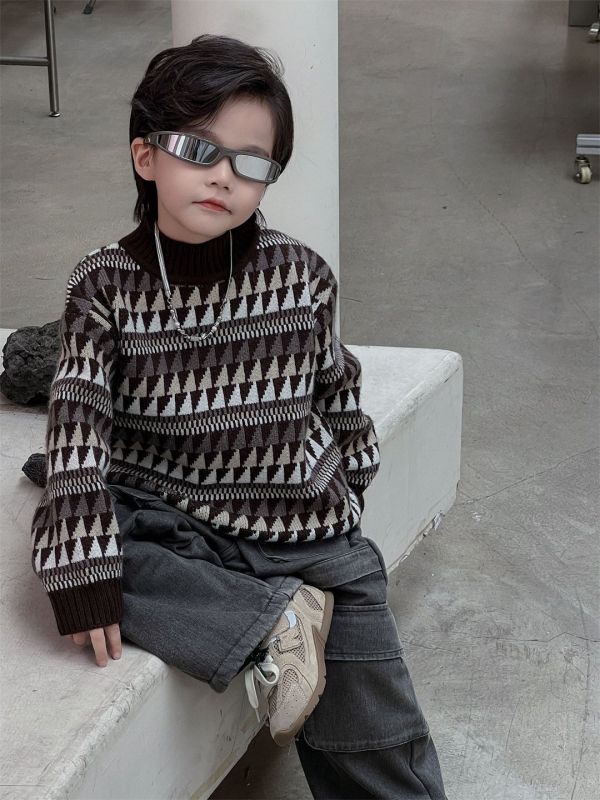 絕不撞衫日系半高領復古圖騰加厚針織上衣 