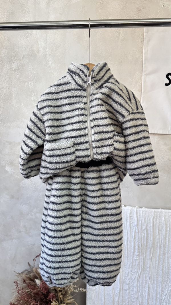 毛毛條紋保暖套裝 