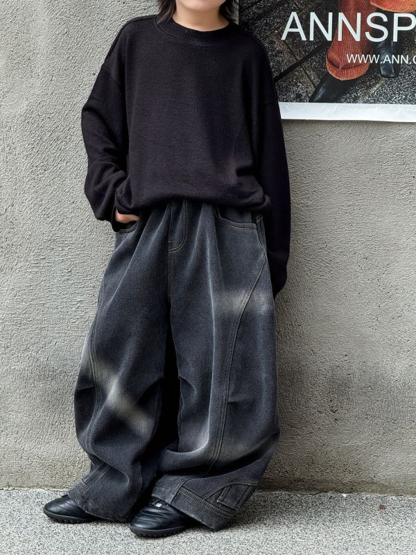 特殊刷色顛倒褲頭加絨牛仔長褲(版型偏大) 