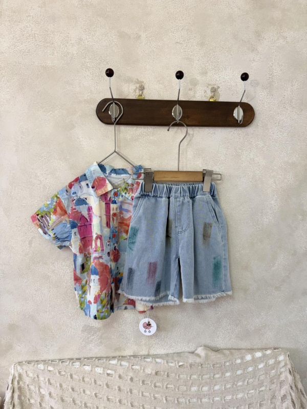 水彩塗鴉抽鬚軟軟牛仔短褲 