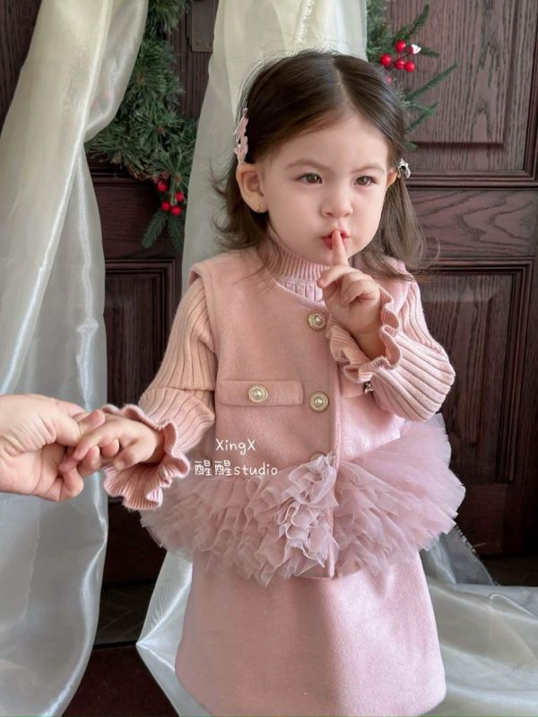 三件套！公主紗紗背心毛短裙粉色內搭套裝 