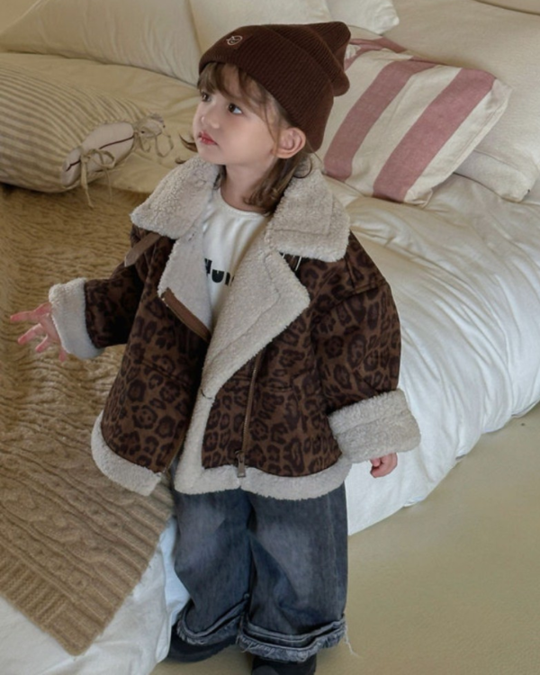 時髦豹紋斜拉鍊毛毛口袋外套 