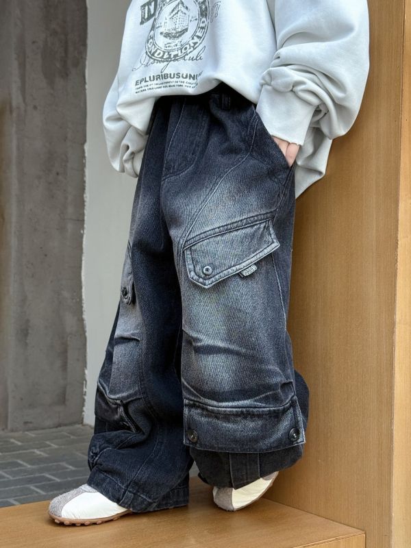 重工設計！潮酷刷白工裝薄款牛仔長褲 