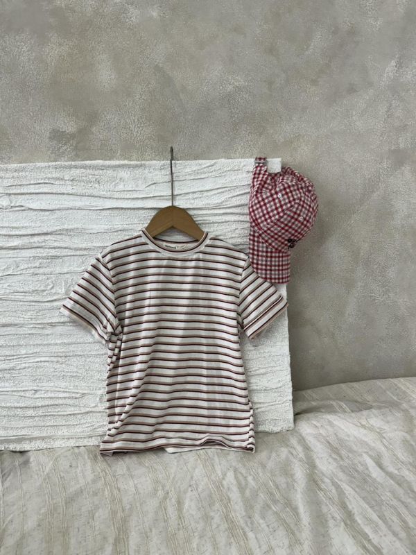 粉咖條紋百搭短T 