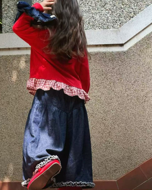 日系花邊原色牛仔長褲 