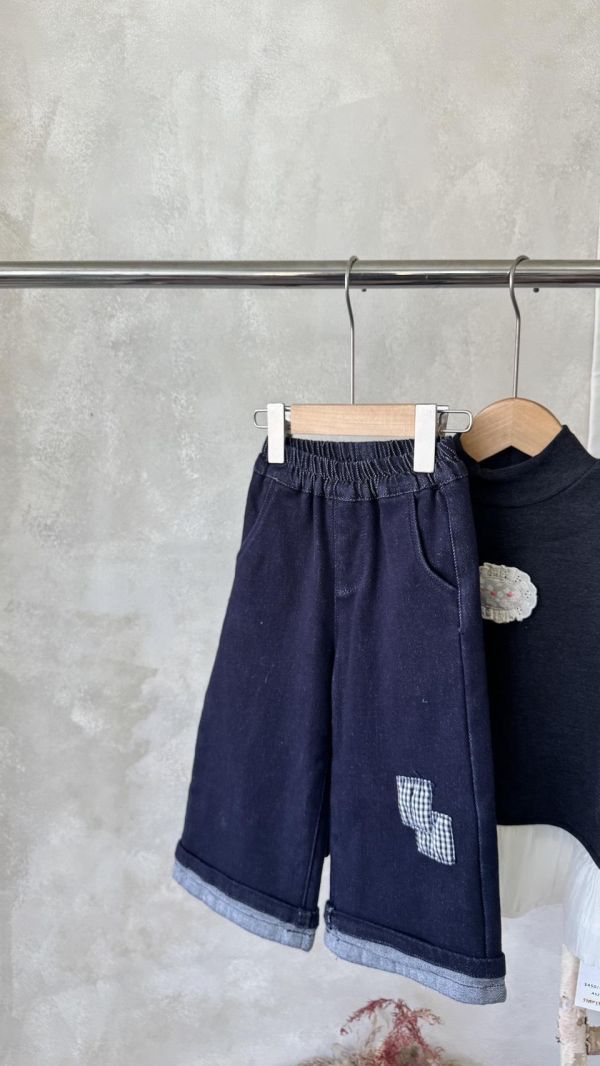 拼布反摺牛仔薄絨長褲 