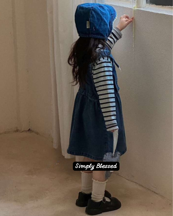 兩件套！日系牛仔吊帶連身裙條紋上衣套裝(版偏小可帶大) 