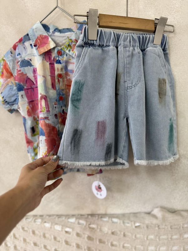 水彩塗鴉抽鬚軟軟牛仔短褲 