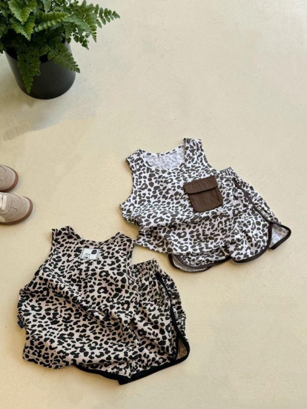 無性別豹紋口袋背心休閒短褲套裝 